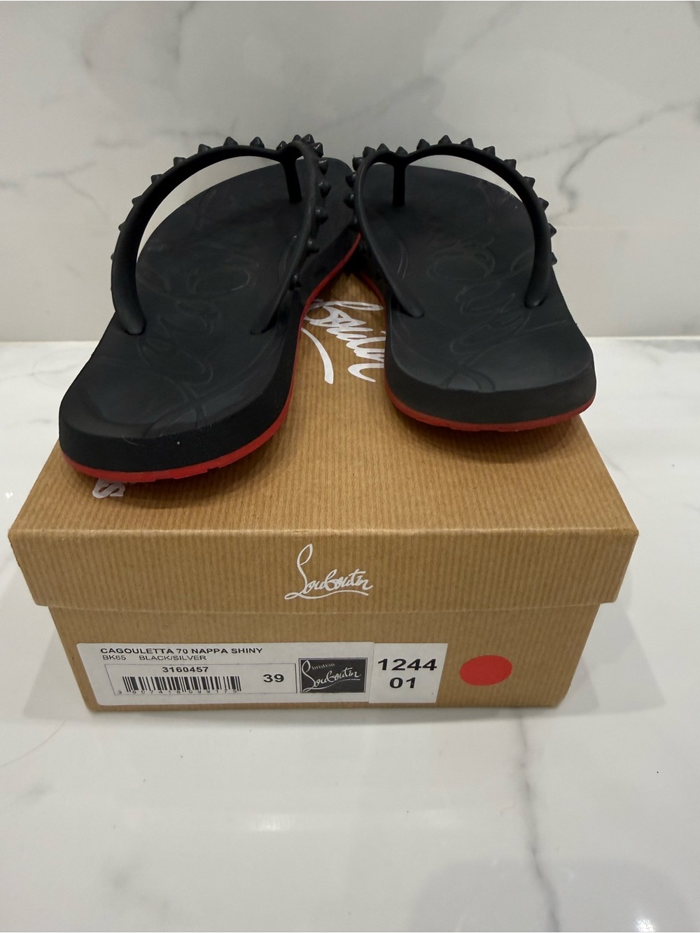 Christian Louboutin Black Flip Flops with Red Sole Trim and Studded Straps - Picture 5 of 8